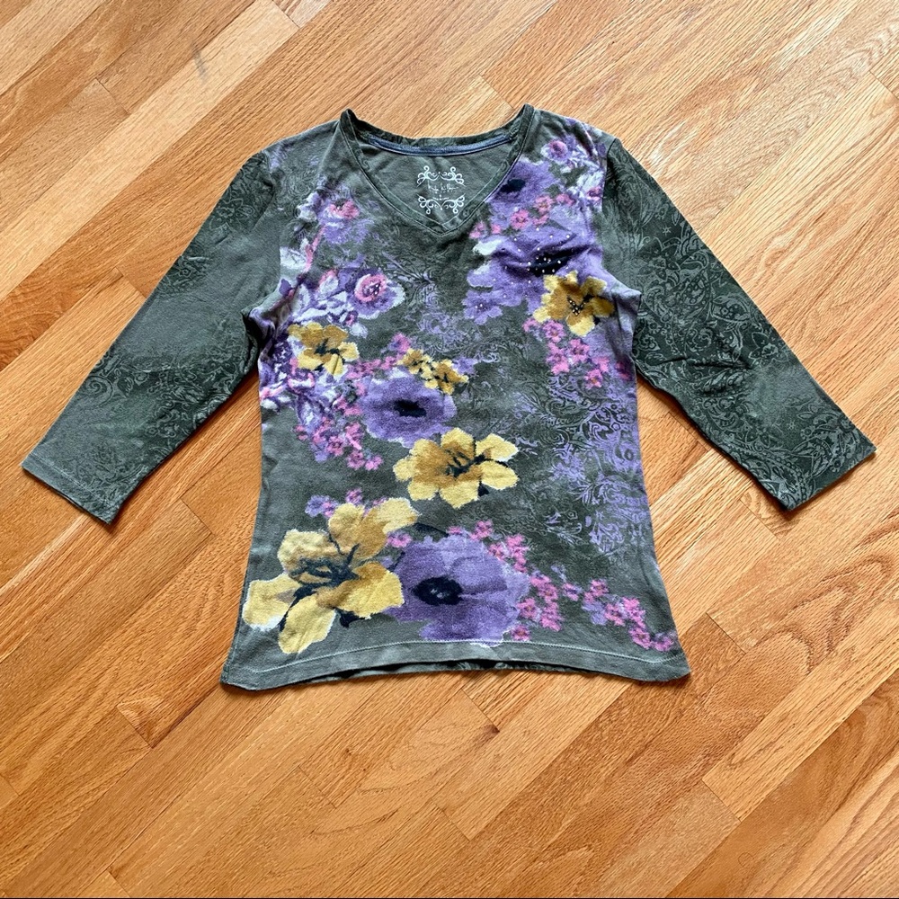 Nicole Miller Green Floral 3/4 V Neck T Shirt S